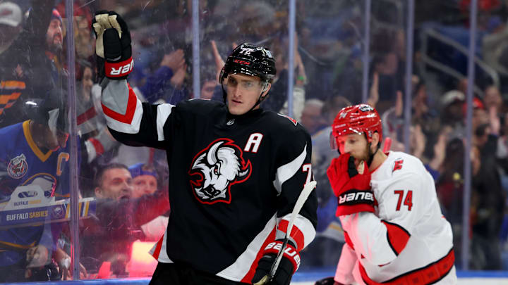 Apr 8, 2025; Buffalo, New York, USA;  Buffalo Sabres center Tage Thompson (72) reacts after scoring a goal during the second period against the Carolina Hurricanes at KeyBank Center. Mandatory Credit: Timothy T. Ludwig-Imagn Images