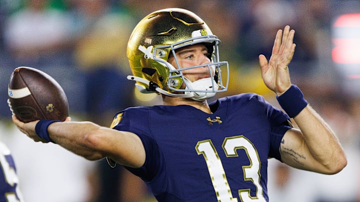 Notre Dame quarterback CJ Carr throws a pass in the second half of a NCAA football game against Texas A&M at Notre Dame Stadium on Saturday, Sept. 13, 2025, in South Bend.