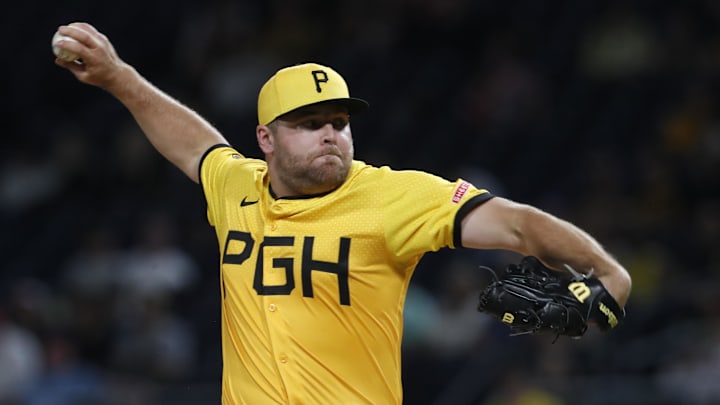 Aug 23, 2024; Pittsburgh, Pennsylvania, USA;  Pittsburgh Pirates relief pitcher David Bednar (51) pitches against the Cincinnati Reds during the ninth inning at PNC Park. Pittsburgh won 6-5. Mandatory Credit: Charles LeClaire-Imagn Images