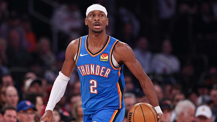 Mar 4, 2026; New York, New York, USA; Oklahoma City Thunder guard Shai Gilgeous-Alexander (2) dribbles up court against the New York Knicks during the first half at Madison Square Garden. Mandatory Credit: Vincent Carchietta-Imagn Images
