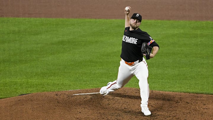 Sep 20, 2024; Baltimore, Maryland, USA;  Baltimore Orioles pitcher Corbin Burnes (39) throws a third inning pitch against the Detroit Tigers at Oriole Park at Camden Yards.