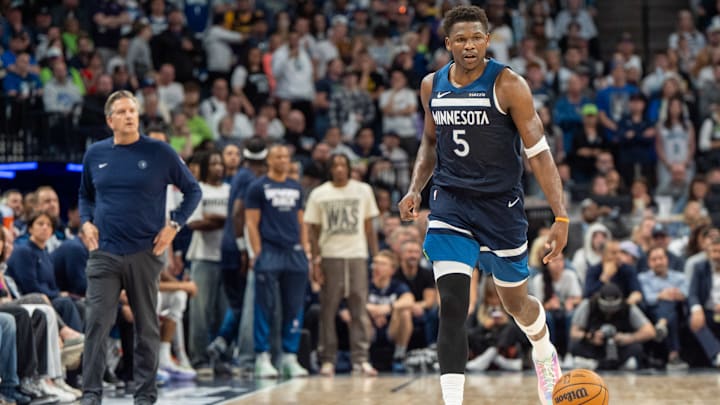 Minnesota Timberwolves guard Anthony Edwards advances the ball against the Los Angeles Lakers in the third quarter during Game 4 of their first-round playoff series at Target Center in Minneapolis on April 27, 2025.