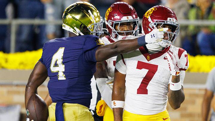 Notre Dame running back Jeremiyah Love (4) celebrates after getting a first down in the first half of a NCAA football game against Southern California at Notre Dame Stadium on Saturday, Oct. 18, 2025, in South Bend.