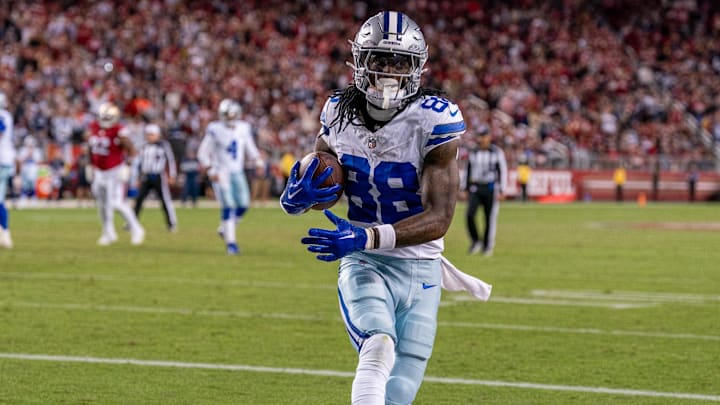 Oct 27, 2024; Santa Clara, California, USA; Dallas Cowboys wide receiver CeeDee Lamb (88) catches the football for a touchdown against the San Francisco 49ers during the fourth quarter at Levi's Stadium.