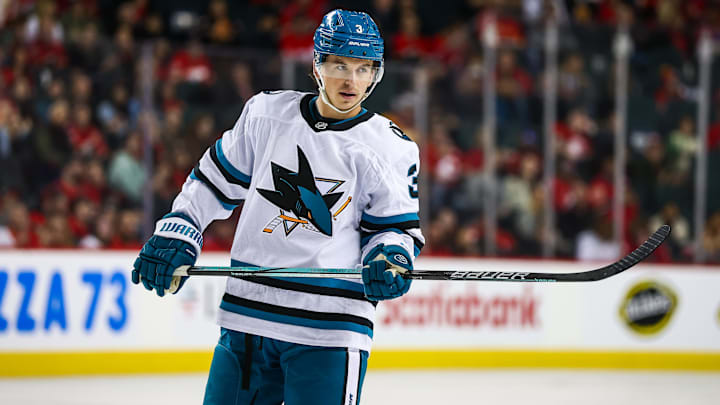 Feb 23, 2025; Calgary, Alberta, CAN; San Jose Sharks defenseman Henry Thrun (3) against the Calgary Flames during the first period at Scotiabank Saddledome. Mandatory Credit: Sergei Belski-Imagn Images
