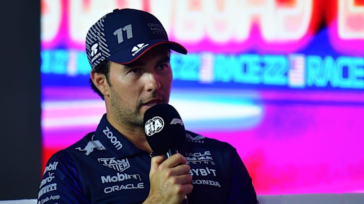 Nov 15, 2023; Las Vegas, Nevada, USA; Red Bull Racing driver Sergio Perez of Mexico during media Nov 15, 2023; Las Vegas, Nevada, USA; Red Bull Racing driver Sergio Perez of Mexico during media