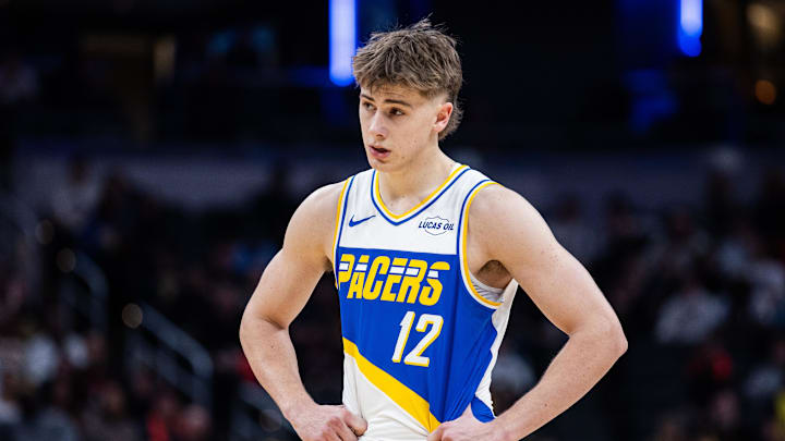 Feb 3, 2026; Indianapolis, Indiana, USA; Indiana Pacers guard Johnny Furphy (12) in the second half against the Utah Jazz at Gainbridge Fieldhouse. Mandatory Credit: Trevor Ruszkowski-Imagn Images