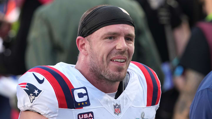 Feb 8, 2026; Santa Clara, CA, USA; New England Patriots linebacker Robert Spillane (14) before Super Bowl LX against the Seattle Seahawks at Levi's Stadium. Mandatory Credit: Darren Yamashita-Imagn Images