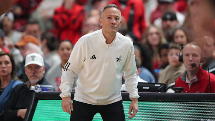 Feb 11, 2026; Lubbock, Texas, USA;  Texas Tech Red Raiders head coach Grant McCasland waits for a call in the second half of the game against the Colorado Buffaloes at United Supermarkets Arena. Mandatory Credit: Michael C. Johnson-Imagn Images