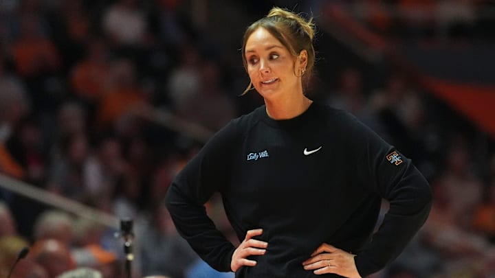 Tennessee basketball coach Kim Caldwell during the NCAA college basketball game against Vanderbilt on Mar. 1, 2026, in Knoxville, Tennessee.