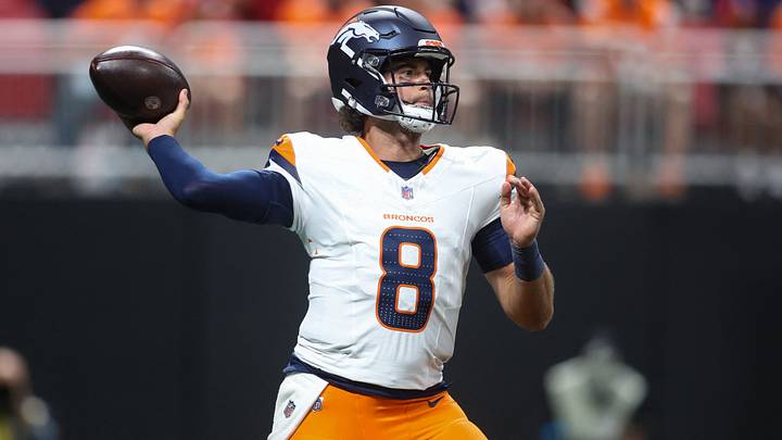 Aug 14, 2026; Atlanta, Georgia, USA; Denver Broncos quarterback Jarrett Stidham (8) throws a pass against the Atlanta Falcons in the first quarter at Mercedes-Benz Stadium. Aug 14, 2026; Atlanta, Georgia, USA; Denver Broncos quarterback Jarrett Stidham (8) throws a pass against the Atlanta Falcons in the first quarter at Mercedes-Benz Stadium.