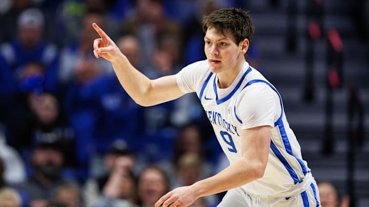 Dec 9, 2025; Lexington, Kentucky, USA; Kentucky Wildcats forward Trent Noah (9) reacts after making a three point basket during the first half against the North Carolina Central Eagles at Rupp Arena at Central Bank Center. Mandatory Credit: Jordan Prather-Imagn Images