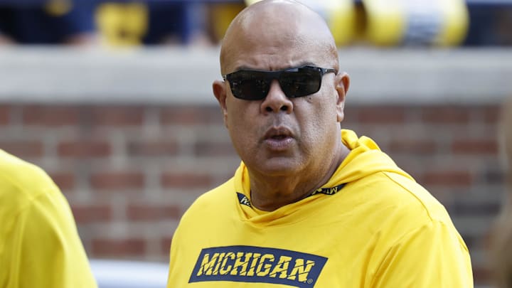 Oct 4, 2025; Ann Arbor, Michigan, USA;  Michigan Wolverines athletic director Warde Manuel on the sideline in the second half against the Wisconsin Badgers at Michigan Stadium. Mandatory Credit: Rick Osentoski-Imagn Images