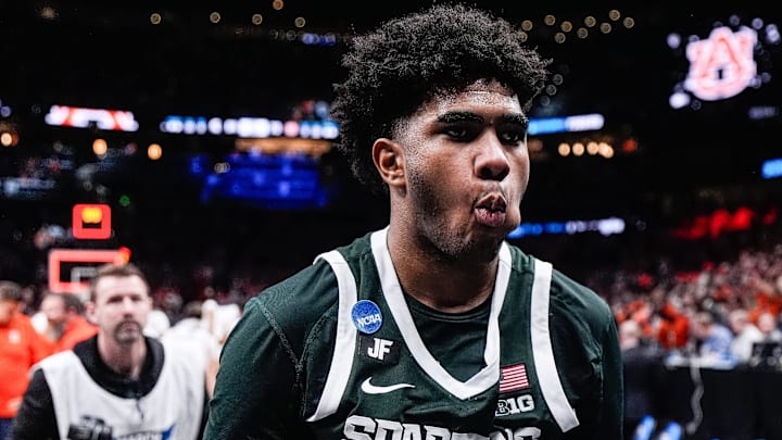 Michigan State guard Jase Richardson (11) exits the court after 70-64 loss to Auburn at the Elite Eight round of NCAA tournament at State Farm Arena in Atlanta, Ga. on Sunday, March 30, 2025.
