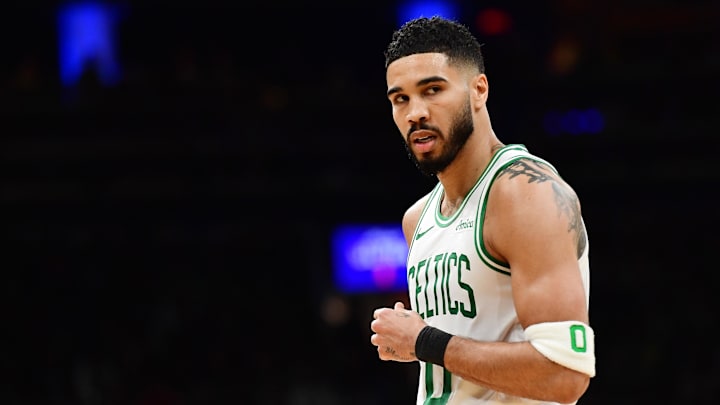 Apr 20, 2025; Boston, Massachusetts, USA; Boston Celtics forward Jayson Tatum (0) during the first half against the Orlando Magic at TD Garden. Mandatory Credit: Bob DeChiara-Imagn Images