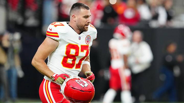 Kansas City Chiefs tight end Travis Kelce (87) warms up before a game against the Las Vegas Raiders at Allegiant Stadium. Mandatory Credit: Stephen R. Sylvanie-Imagn Images