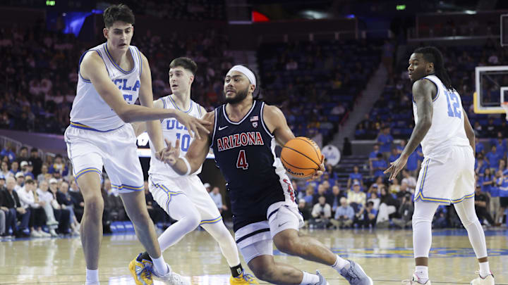 Mar 7, 2024; Los Angeles, California, USA; Arizona Wildcats guard Kylan Boswell (4) drives the ball