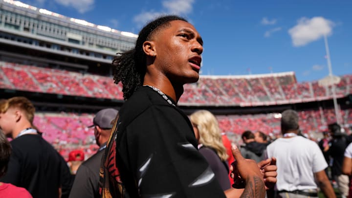 Ohio State Buckeyes commit Chris Henry Jr. of Mater Dei High School in California walks across the sideline prior to the NCAA football game between the Ohio State Buckeyes and the Texas Longhorns at Ohio Stadium on Aug. 30, 2025.