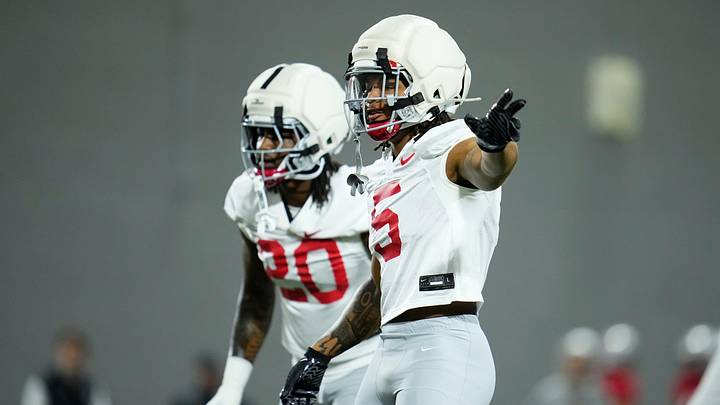 Ohio State Buckeyes linebacker Riley Pettijohn (5) motions beside linebacker Cincere Johnson (20) during the first day of spring workouts for the 2026 football season at Woody Hayes Athletic Complex in Columbus on March 10, 2026.
