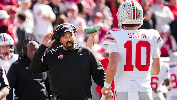 Ohio State Buckeyes head coach Ryan Day talks to Ohio State Buckeyes quarterback Julian Sayin (10) during the NCAA football game against the Indiana Hoosiers at Memorial Stadium Stadium in Bloomington, Ind. on Oct. 17, 2026. Ohio State Buckeyes head coach Ryan Day talks to Ohio State Buckeyes quarterback Julian Sayin (10) during the NCAA football game against the Indiana Hoosiers at Memorial Stadium Stadium in Bloomington, Ind. on Oct. 17, 2026.