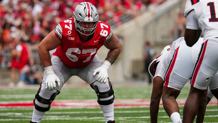 Ohio State Buckeyes offensive lineman Austin Siereveld (67) lines up during the NCAA football game against the Ball State Cardinals at Ohio Stadium in Columbus on Sept. 5, 2026.