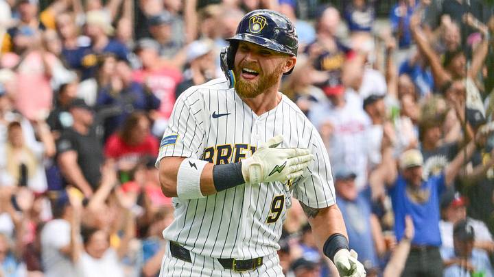 Aug 22, 2026; Milwaukee, Wisconsin, USA;  Milwaukee Brewers right fielder Jake Bauers (9) reacts after hitting a two run home run in the third inning against the Atlanta Braves at American Family Field.  Mandatory Credit: Benny Sieu-Imagn Images
