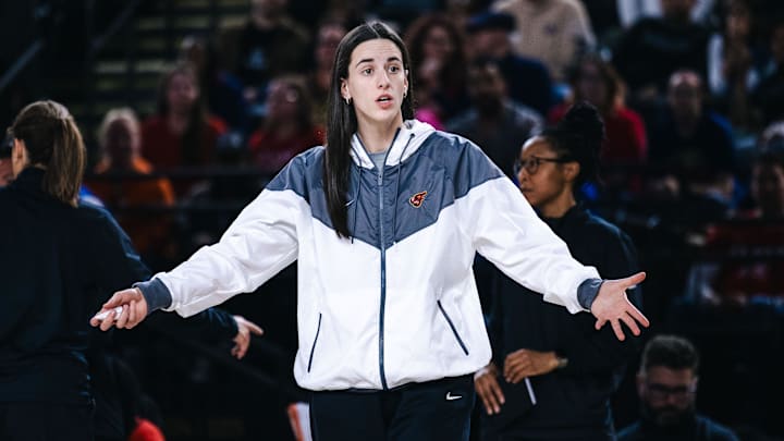 May 28, 2025; Washington, District of Columbia, USA; Indiana Fever guard Caitlin Clark reacts during a timeout in the second half against the Washington Mystics at Entertainment & Sports Arena. Mandatory Credit: Emily Faith Morgan-Imagn Images