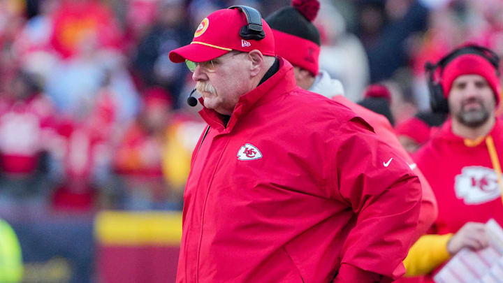 Dec 21, 2024; Kansas City, Missouri, USA; Kansas City Chiefs head coach Andy Reid watches play against the Houston Texans during the second half at GEHA Field at Arrowhead Stadium. Mandatory Credit: Denny Medley-Imagn Images
