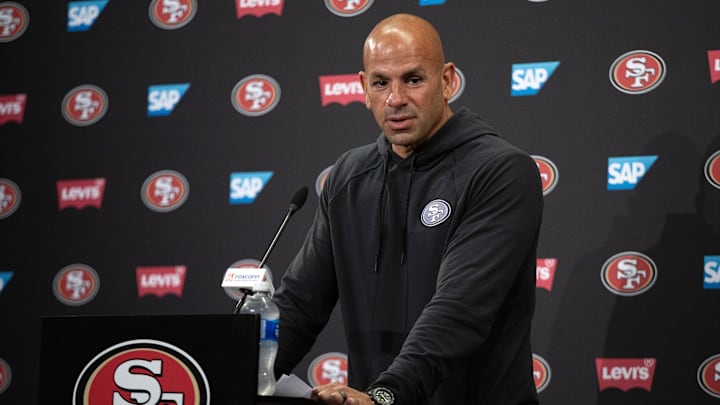 Jun 11, 2025; Santa Clara, CA, USA; San Francisco 49ers defensive coordinator Robert Saleh speaks to the media following a team OTA at Levi's Stadium. Mandatory Credit: D. Ross Cameron-Imagn Images Jun 11, 2025; Santa Clara, CA, USA; San Francisco 49ers defensive coordinator Robert Saleh speaks to the media following a team OTA at Levi's Stadium. Mandatory Credit: D. Ross Cameron-Imagn Images