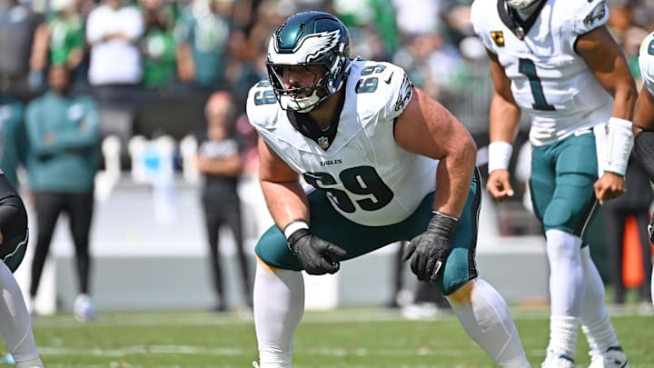 Sep 21, 2025; Philadelphia, Pennsylvania, USA;  Philadelphia Eagles guard Landon Dickerson (69) against the Los Angeles Rams at Lincoln Financial Field. Mandatory Credit: Eric Hartline-Imagn Images