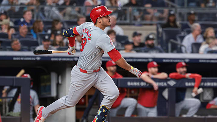 Aug 30, 2024; Bronx, New York, USA; St. Louis Cardinals third baseman Nolan Arenado (28) singles during the third inning against the New York Yankees at Yankee Stadium. Mandatory Credit: Vincent Carchietta-Imagn Images Aug 30, 2024; Bronx, New York, USA; St. Louis Cardinals third baseman Nolan Arenado (28) singles during the third inning against the New York Yankees at Yankee Stadium. Mandatory Credit: Vincent Carchietta-Imagn Images