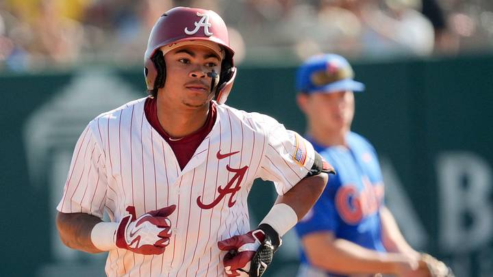 March 21, 2026; Tuscaloosa, AL, USA; Alabama batter Justin Lebron jogs the bases after hitting a home run at Sewell-Thomas Stadium. Alabama downed Florida 8-4 to claim the second game of the SEC home opening series.
