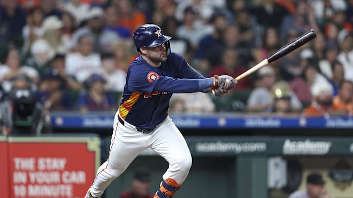 Sep 8, 2024; Houston, Texas, USA; Houston Astros center fielder Chas McCormick (20) hits a single during the fifth inning against the Arizona Diamondbacks at Minute Maid Park Sep 8, 2024; Houston, Texas, USA; Houston Astros center fielder Chas McCormick (20) hits a single during the fifth inning against the Arizona Diamondbacks at Minute Maid Park