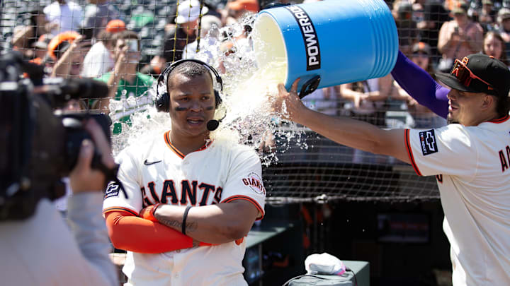 Jun 21, 2025; San Francisco, California, USA; San Francisco Giants shortstop Willy Adames (right) douses teammate Rafael Devers following their victory over the Boston Red Sox at Oracle Park. Mandatory Credit: D. Ross Cameron-Imagn Images Jun 21, 2025; San Francisco, California, USA; San Francisco Giants shortstop Willy Adames (right) douses teammate Rafael Devers following their victory over the Boston Red Sox at Oracle Park. Mandatory Credit: D. Ross Cameron-Imagn Images