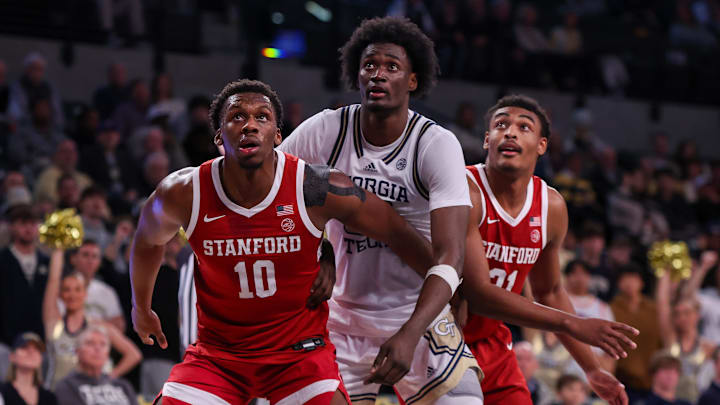 Feb 12, 2025; Atlanta, Georgia, USA; Stanford Cardinal forward Chisom Okpara (10) and guard Jaylen Blakes (21) box out Georgia Tech Yellow Jackets forward Ibrahim Souare (30) in the second half at McCamish Pavilion. Mandatory Credit: Brett Davis-Imagn Images
Feb 12, 2025; Atlanta, Georgia, USA; Stanford Cardinal forward Chisom Okpara (10) and guard Jaylen Blakes (21) box out Georgia Tech Yellow Jackets forward Ibrahim Souare (30) in the second half at McCamish Pavilion. Mandatory Credit: Brett Davis-Imagn Images