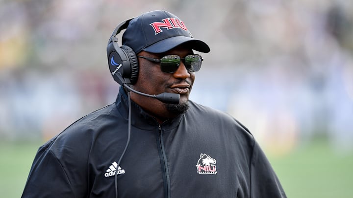 Sep 7, 2024; South Bend, Indiana, USA; Northern Illinois Huskies head coach Thomas Hammock watches in the first quarter against the Notre Dame Fighting Irish at Notre Dame Stadium. Mandatory Credit: Matt Cashore-Imagn Images