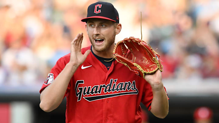 Jul 22, 2023; Cleveland, Ohio, USA; Cleveland Guardians starting pitcher Tanner Bibee (61) shouts to teammates after the end of the third inning against the Philadelphia Phillies at Progressive Field. Mandatory Credit: Ken Blaze-Imagn Images