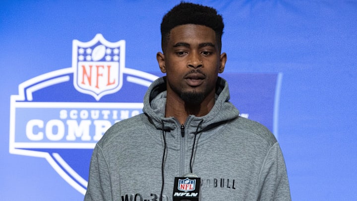 Mar 3, 2023; Indianapolis, IN, USA; Wake Forest wide receiver A.T. Perry (WO39) speaks to the press at the NFL Combine at Lucas Oil Stadium. 