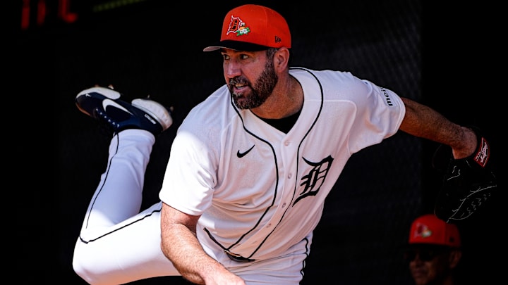 Detroit Tigers pitcher Justin Verlander practices during spring training at TigerTown in Lakeland, Fla. on Wednesday, Feb. 18, 2026.