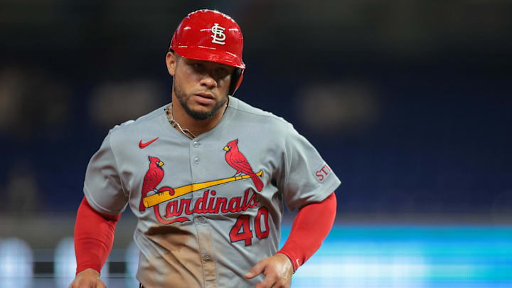 Aug 18, 2025; Miami, Florida, USA; St. Louis Cardinals first baseman Willson Contreras (40) circles the bases after a two-run home run by third baseman Nolan Gorman (not pictured) during the ninth inning at loanDepot Park. Mandatory Credit: Sam Navarro-Imagn Images