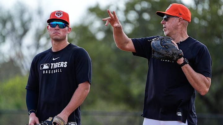 Detroit Tigers infielder Spencer Torkelson talks to Triple-A hitting coach Mike Hessman during spring training at TigerTown in Lakeland, Fla. on Sunday, Feb. 16, 2025. Detroit Tigers infielder Spencer Torkelson talks to Triple-A hitting coach Mike Hessman during spring training at TigerTown in Lakeland, Fla. on Sunday, Feb. 16, 2025.