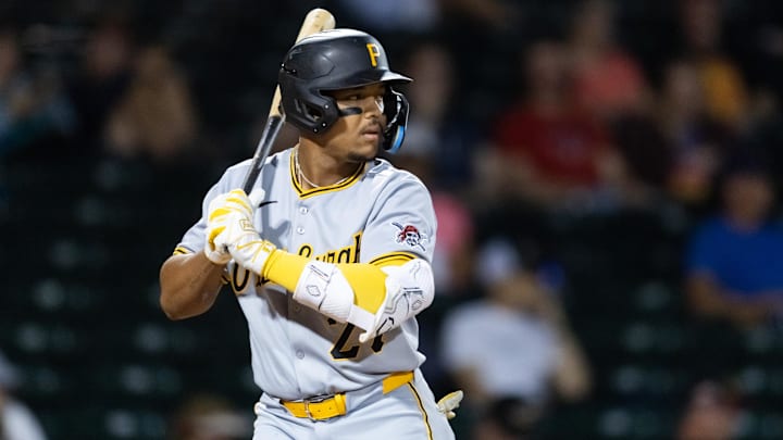 Nov 9, 2025; Mesa, AZ, USA; Pittsburgh Pirates outfielder Esmerlyn Valdez during the Arizona Fall League Fall Stars Game at Sloan Park. Mandatory Credit: Mark J. Rebilas-Imagn Images Nov 9, 2025; Mesa, AZ, USA; Pittsburgh Pirates outfielder Esmerlyn Valdez during the Arizona Fall League Fall Stars Game at Sloan Park. Mandatory Credit: Mark J. Rebilas-Imagn Images