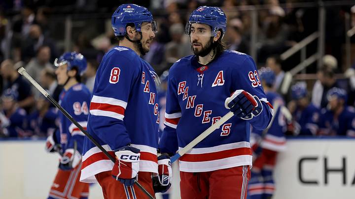 Mar 2, 2026; New York, New York, USA; New York Rangers left wing J.T. Miller (8) talks to center Mika Zibanejad (93) during the third period against the Columbus Blue Jackets at Madison Square Garden. Mandatory Credit: Brad Penner-Imagn Images