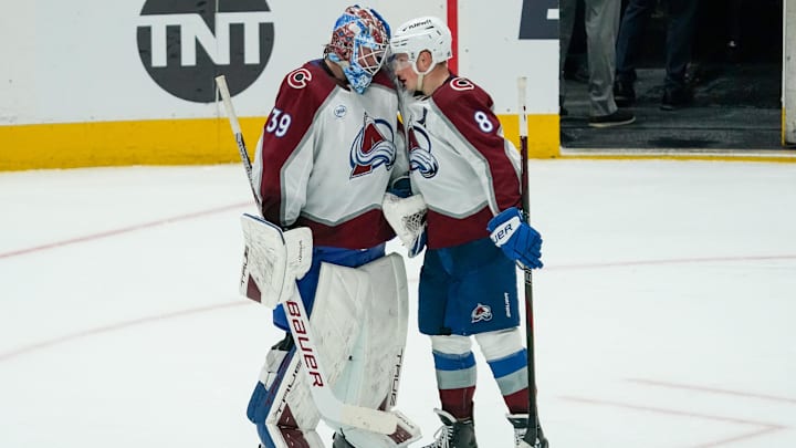 Apr 19, 2025; Dallas, Texas, USA; Colorado Avalanche goaltender Mackenzie Blackwood (39) and defenseman Cale Makar (8) celebrate after game one of the first round of the 2025 Stanley Cup Playoffs against the Dallas Stars at American Airlines Center. Mandatory Credit: Raymond Carlin III-Imagn Images Apr 19, 2025; Dallas, Texas, USA; Colorado Avalanche goaltender Mackenzie Blackwood (39) and defenseman Cale Makar (8) celebrate after game one of the first round of the 2025 Stanley Cup Playoffs against the Dallas Stars at American Airlines Center. Mandatory Credit: Raymond Carlin III-Imagn Images