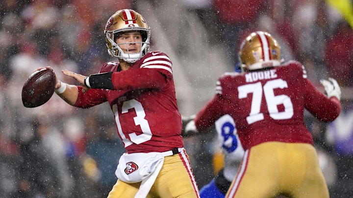 Dec 12, 2024; Santa Clara, California, USA; San Francisco 49ers quarterback Brock Purdy (13) throws a pass against the Los Angeles Rams in the second quarter at Levi's Stadium. Mandatory Credit: Cary Edmondson-Imagn Images Dec 12, 2024; Santa Clara, California, USA; San Francisco 49ers quarterback Brock Purdy (13) throws a pass against the Los Angeles Rams in the second quarter at Levi's Stadium. Mandatory Credit: Cary Edmondson-Imagn Images