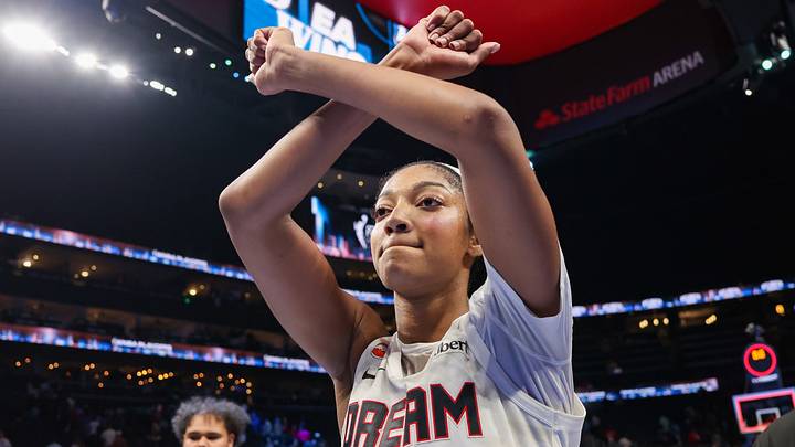 Oct 4, 2026; Atlanta, Georgia, USA; Atlanta Dream forward Angel Reese (5) celebrates after a victory over the New York Liberty in game one of the second round for the 2026 WNBA Playoffs at State Farm Arena. Mandatory Credit: Brett Davis-Imagn Images
