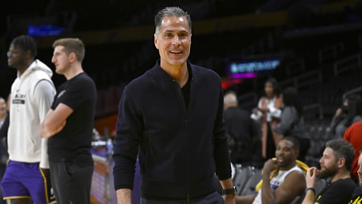 Apr 28, 2023; Los Angeles, California, USA; Los Angeles Lakers vice president of basketball operations and general manager Rob Pelinka looks on prior to game six of the 2023 NBA playoffs against the Memphis Grizzlies at Crypto.com Arena.
