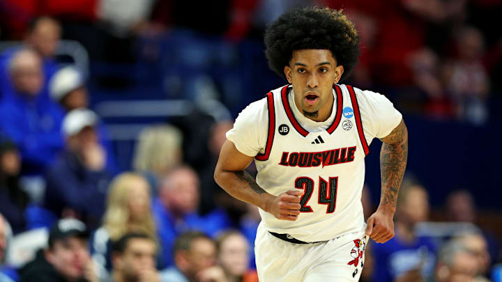 Mar 20, 2025; Lexington, KY, USA; Louisville Cardinals guard Chucky Hepburn (24) reacts after a play during the first half against the Creighton Bluejays in the first round of the NCAA Tournament at Rupp Arena. Mandatory Credit: Jordan Prather-Imagn Images Mar 20, 2025; Lexington, KY, USA; Louisville Cardinals guard Chucky Hepburn (24) reacts after a play during the first half against the Creighton Bluejays in the first round of the NCAA Tournament at Rupp Arena. Mandatory Credit: Jordan Prather-Imagn Images
