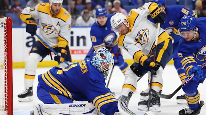 Dec 3, 2023; Buffalo, New York, USA;  Buffalo Sabres goaltender Ukko-Pekka Luukkonen (1) makes a