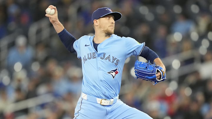 Apr 1, 2025; Toronto, Ontario, CAN; Toronto Blue Jays pitcher Jeff Hoffman (23) pitches to the Washington Nationals during the ninth inning at Rogers Centre. 